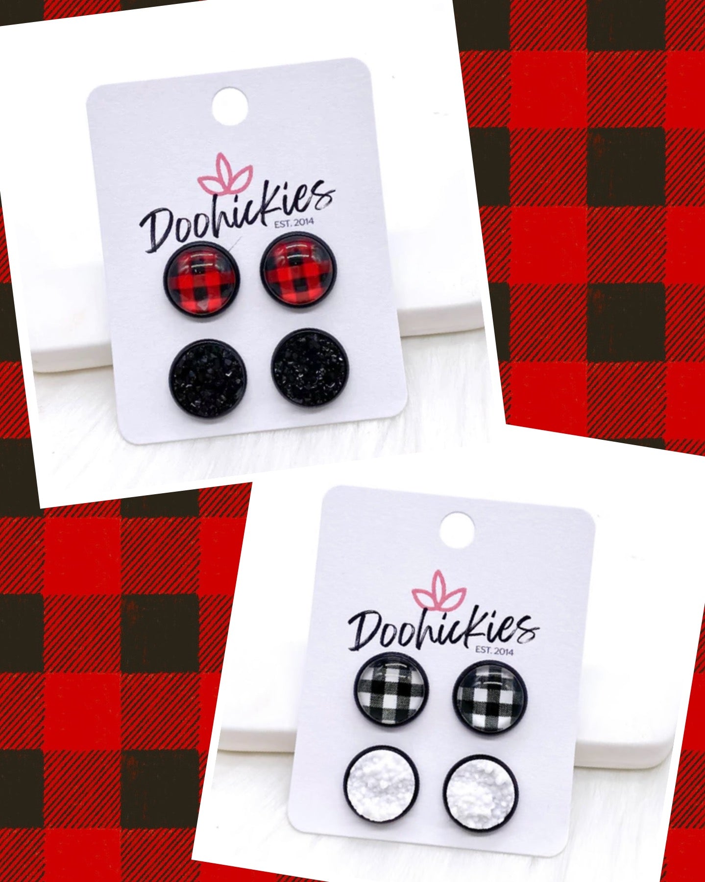 Red Striped Elk Christmas Earrings Christmas Tree Snowflake Red and Black  Checkered Print Wood Nordic Grid